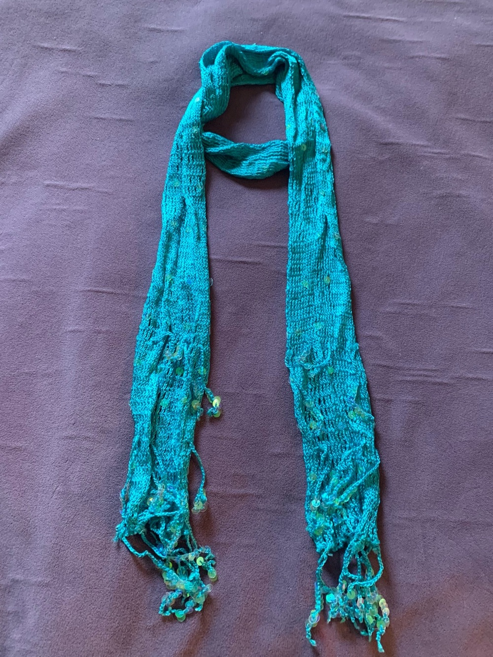 Turquoise Knit Fringe Scarf with Sequins - Approximately 58 Inches Long